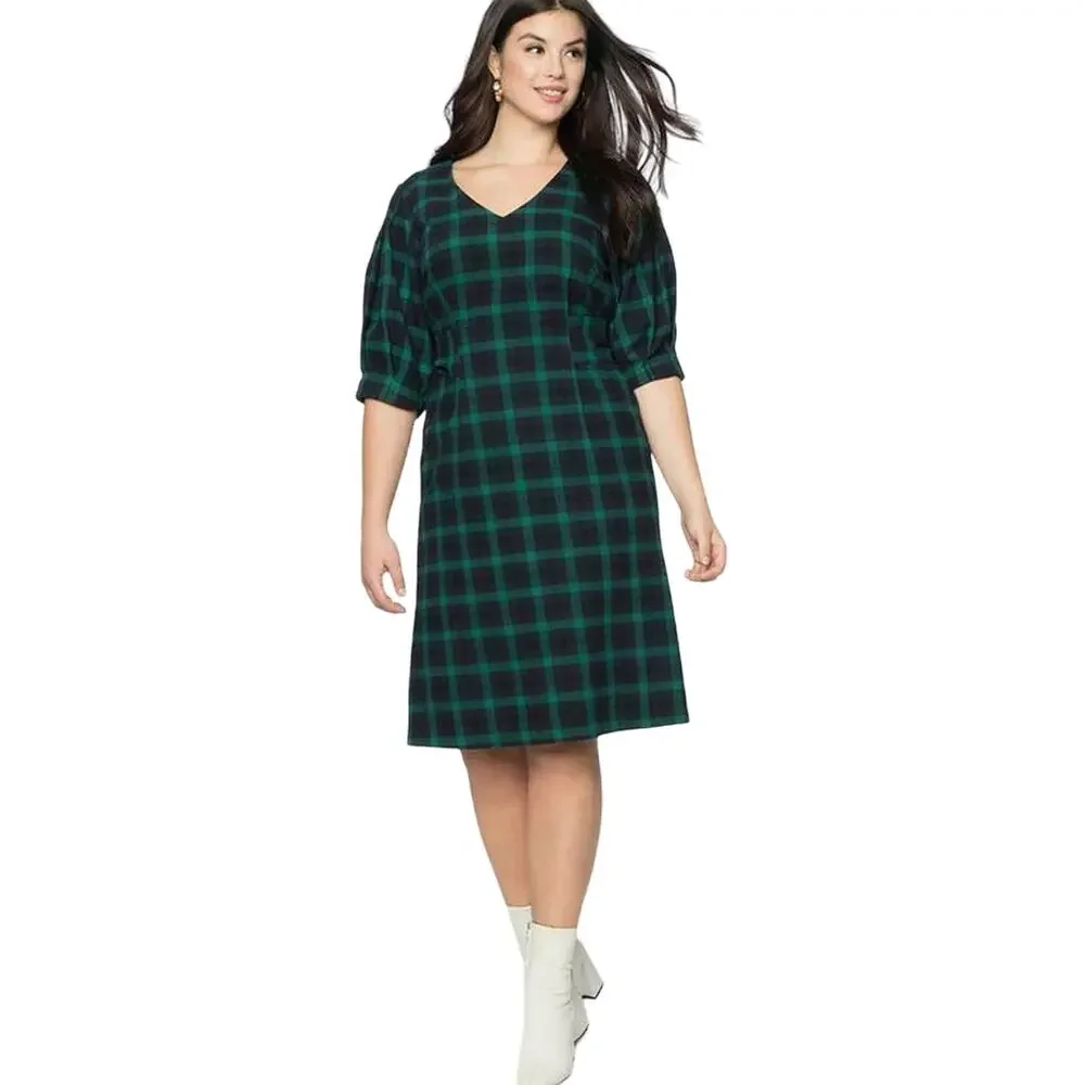 Eloquii Cotton Flannel Green Navy Plaid Tie Back Office Casual Fall Winter Dress - Picture 1 of 16